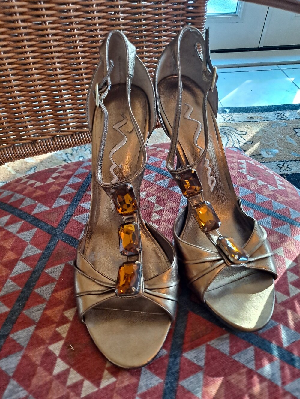 Nina Metallic Gold T-Strap Gemstone High Heels